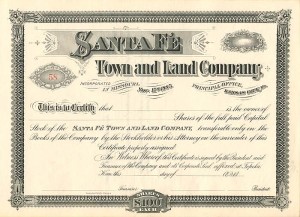 Santa Fe Town and Land Co. - Land Stock Certificate - Branch Company of the Atchison Topeka Santa Fe Railway